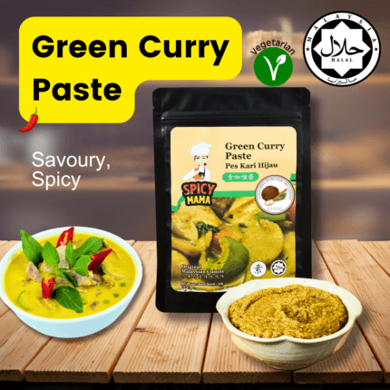 SpicyMama Green Curry paste displayed with a bowl of green curry, emphasizing the dish's vibrant green hue and aromatic ingredients.