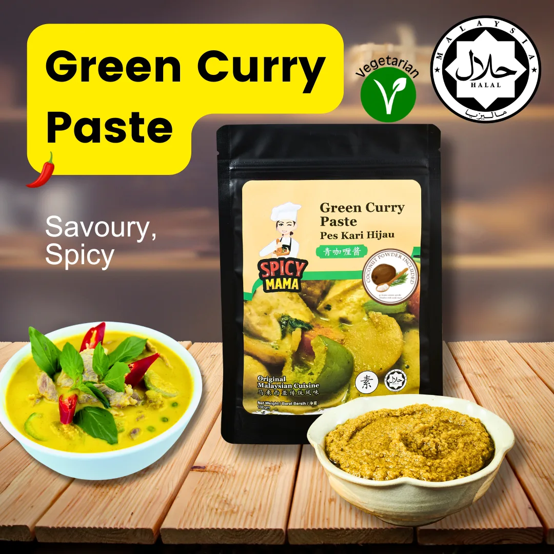 SpicyMama Green Curry paste displayed with a bowl of green curry, emphasizing the dish's vibrant green hue and aromatic ingredients.