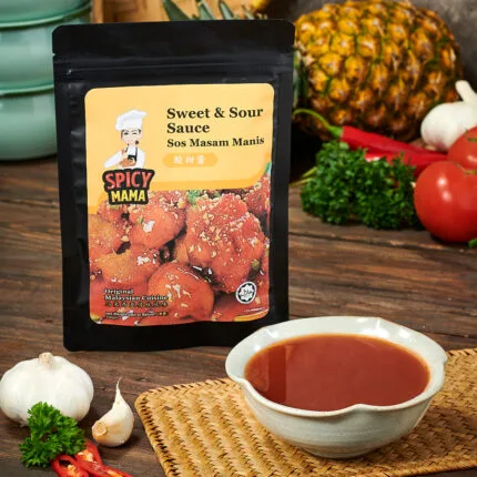 a bowl of sauce and a bag of sweet and sour sauce from spicy mama