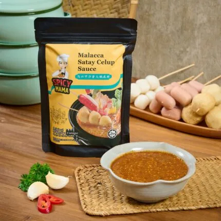 A bowl of sauce beside a bag of SpicyMama Malacca Satay Celup Sauce , showcasing a delicious meal preparation.