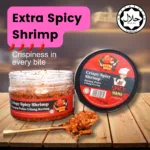 Extra spicy shrimp displayed in a jar, garnished with herbs and spices for an appetizing presentation.