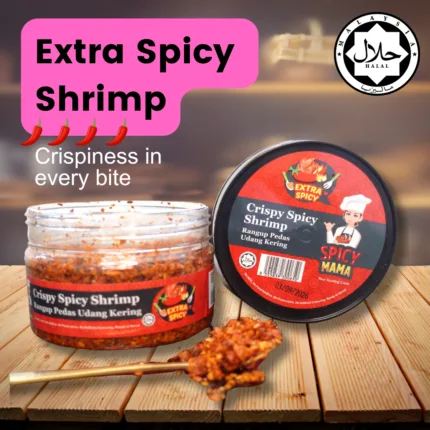 Extra spicy shrimp displayed in a jar, garnished with herbs and spices for an appetizing presentation.