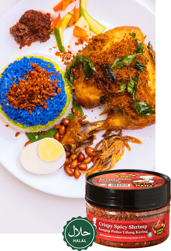 A white plate filled with SpicyMama Crispy Spicy Shrimp, showcasing a delicious and enticing nasi lemak meal.