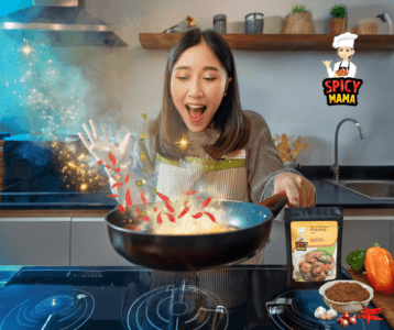 A woman cooks in a pan, surrounded by an array of colorful spices, creating a flavorful dish.