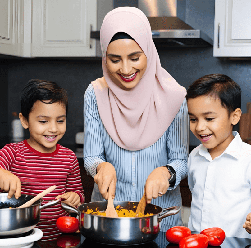 A woman and two children are engaged in cooking together in a bright, inviting kitchen.