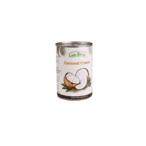 Canned coconut cream on a white background, showcasing its smooth texture and rich, creamy appearance.