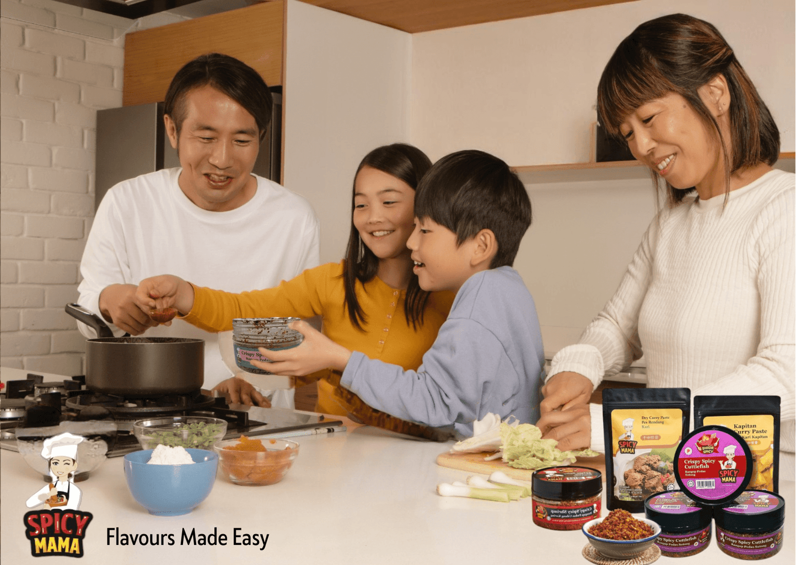 A family gathers in the kitchen, preparing food together using SpicyMama condiments for added asian flavors.