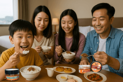 asian family eating Spicymama Anchovy during traveling Stress-Free Kid Travel