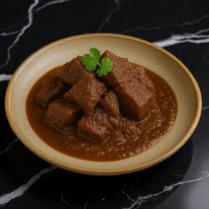 A bowl of dry rendang mutton served with rich gravy on a black marble table