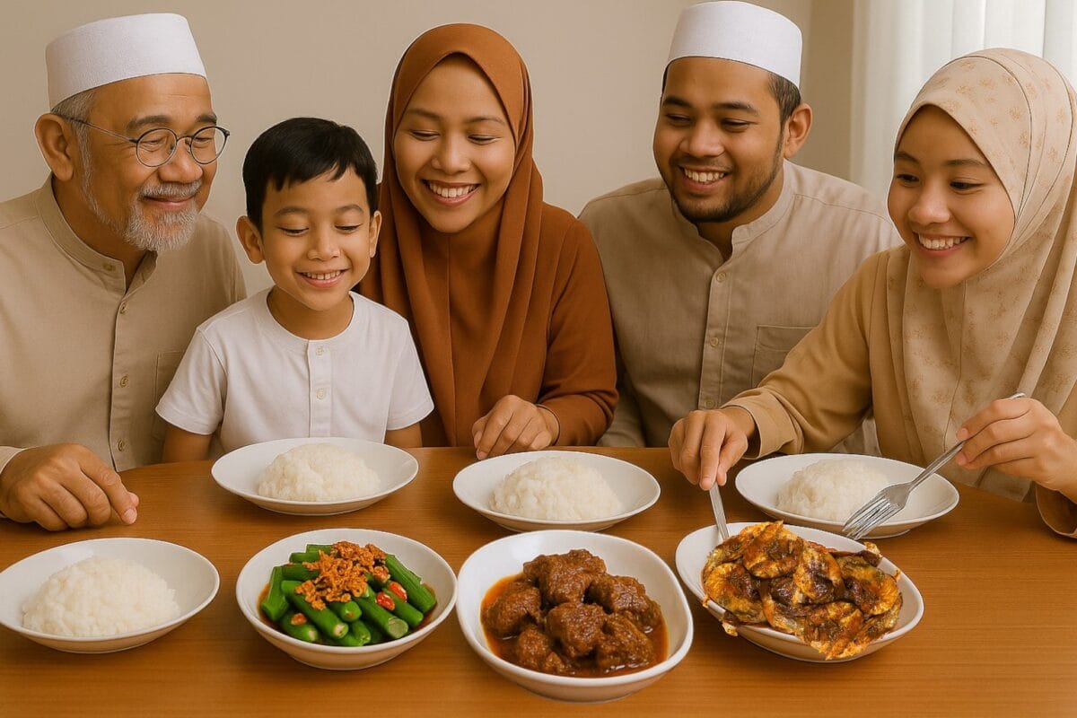 A family gathered around a table, sharing a meal together in celebration of Hari Raya Haji.