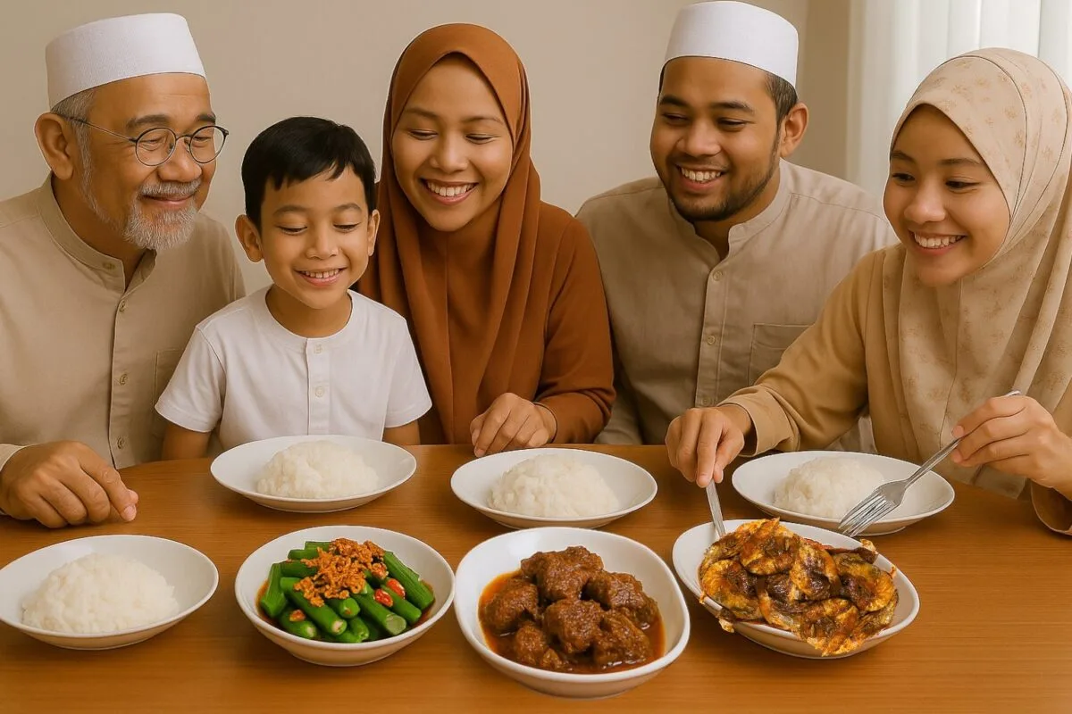 A family gathered around a table, sharing a meal together in celebration of Hari Raya Haji.