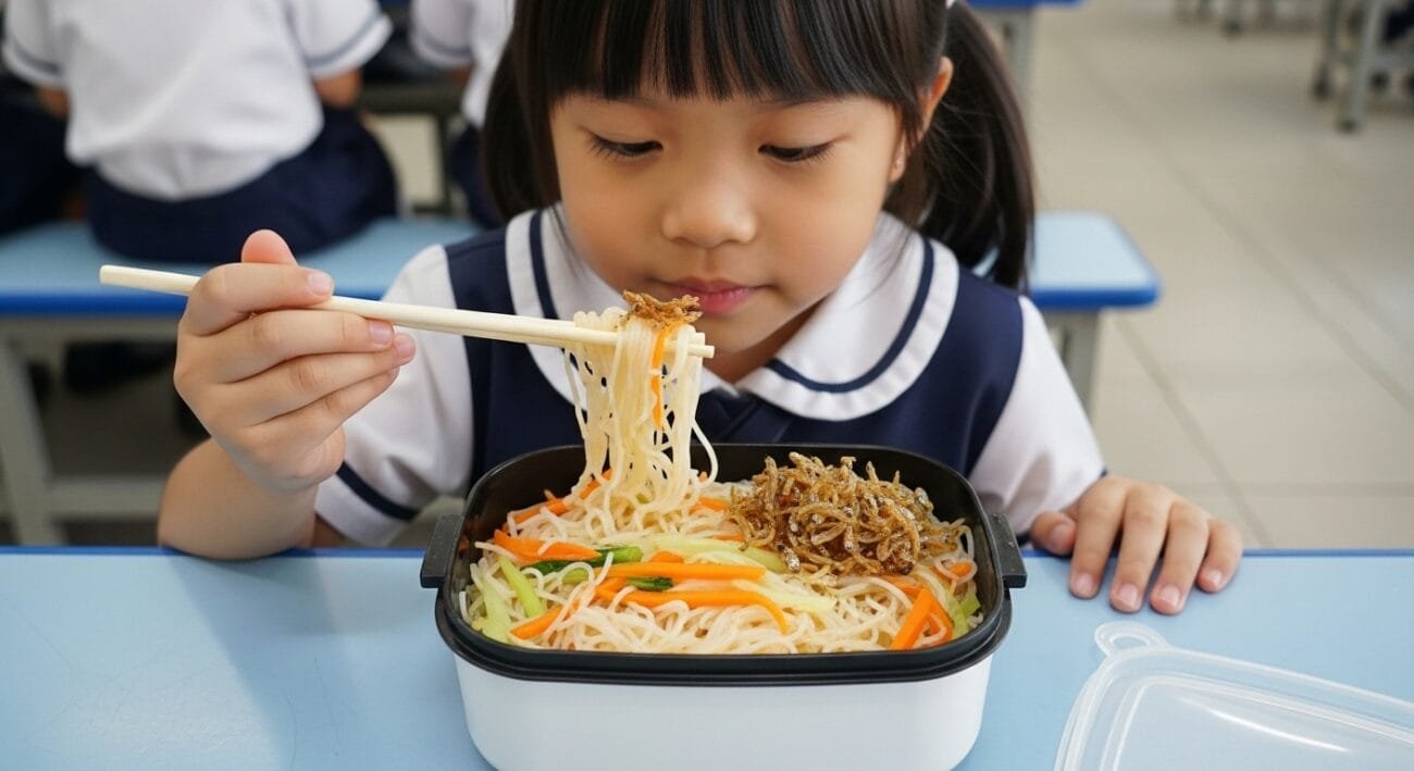 A young girl happily eating noodles at a school cafeteria table surrounded by classmates.