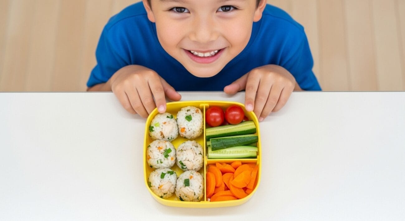 A smiling boy holds a lunch box filled with colorful vegetables and meat, showcasing a healthy meal option