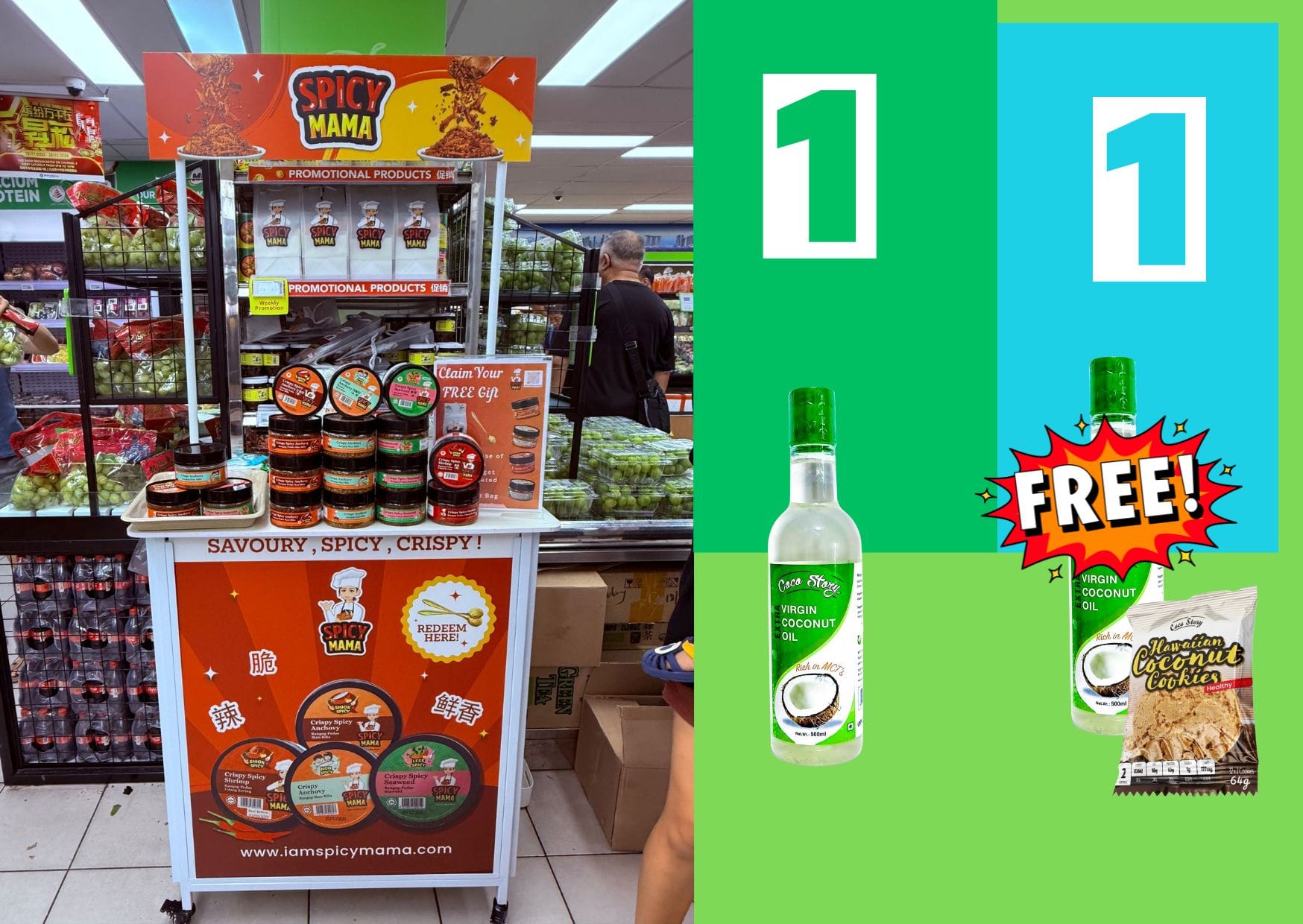 SpicyMama at Sheng Siong Bedok & SengKang 1 A store display featuring SpicyMama condiments and CocoStory coconut oil among various food and drink items.
