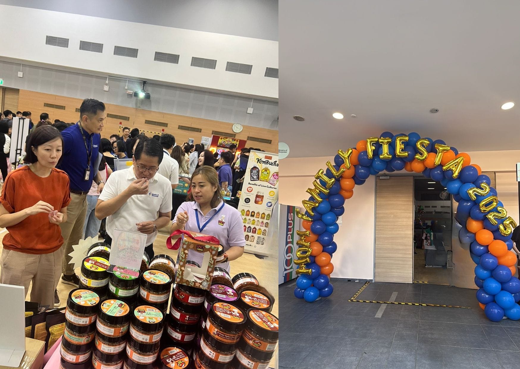 A group of people stands together in front of a colorful food display at an event or gathering.