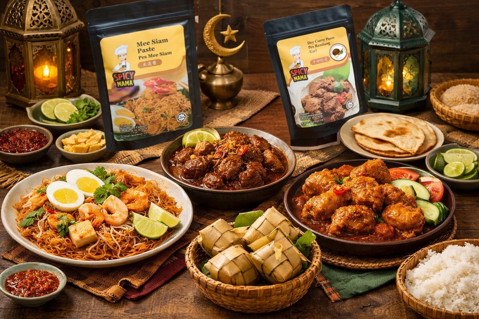 Ramadan Favourites Made Easy with SpicyMama 1 Spread of diverse Malay dishes featuring Mee Siam, curry meats, and traditional accompaniments, set in a warm, inviting atmosphere.