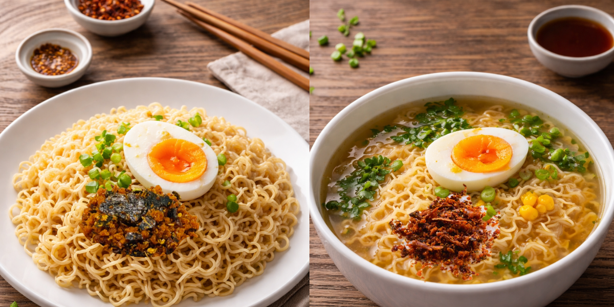 wo bowls of ramen noodles topped with an egg, chopsticks, and SpicyMama seaweed and anchovy flavors.