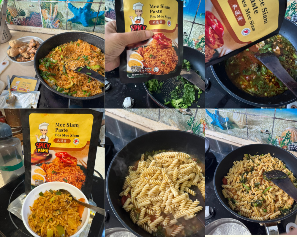 Cooking with Mee Siam Recipe A collage shows a hand holding a spice packet, a pan with vegetables, another with fusilli pasta, and cooked spicy noodles.