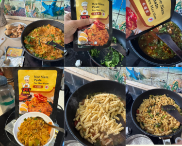 The Spice of Life 15 Cooking with Mee Siam Recipe A collage shows a hand holding a spice packet, a pan with vegetables, another with fusilli pasta, and cooked spicy noodles.
