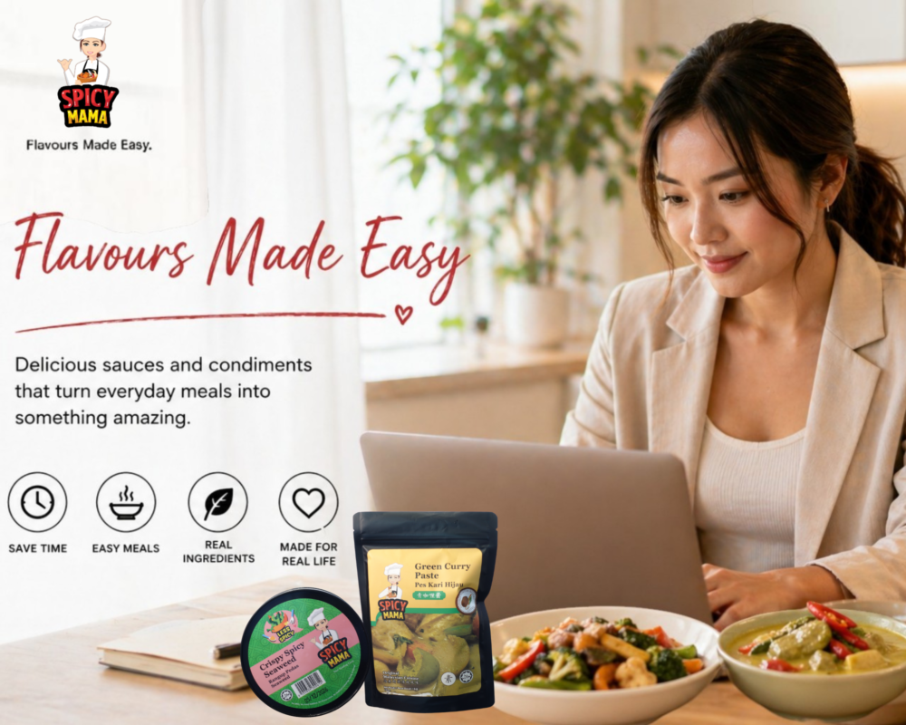 A woman uses her laptop to follow a recipe while cooking in a modern kitchen filled with fresh ingredients from spicymama